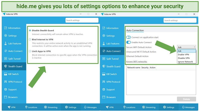 Screenshot of hideme's Windows app displaying a range of security settings