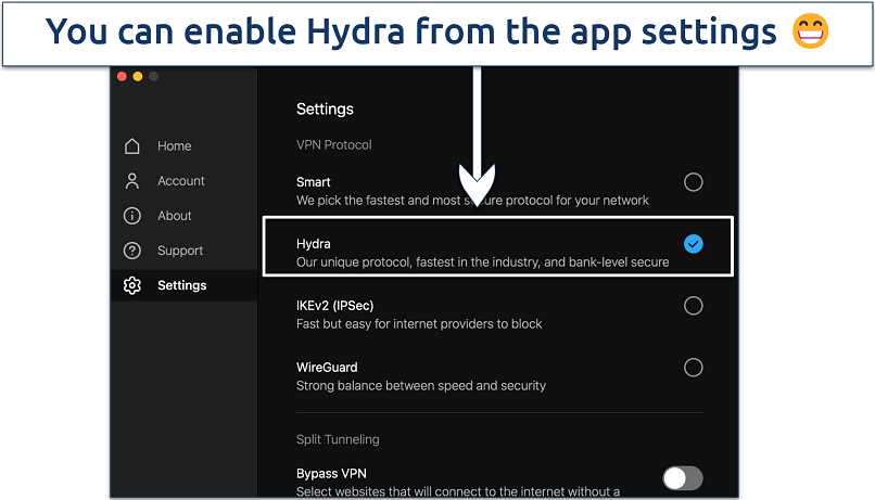 Screenshot showing how to enable hide.me's Hydra protocol