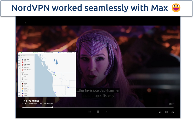 Screenshot of The Franchise streaming on Max with NordVPN connected