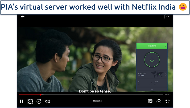 Screenshot of Headshot steaming on Netflix India with PIA connected