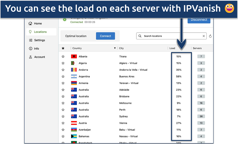 Screenshot of IPVanish's Windows app highlighting he server list