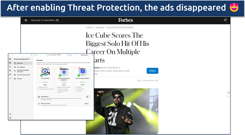 Screenshot of Forbes without ads when NordVPN's Threat Protection is enabled