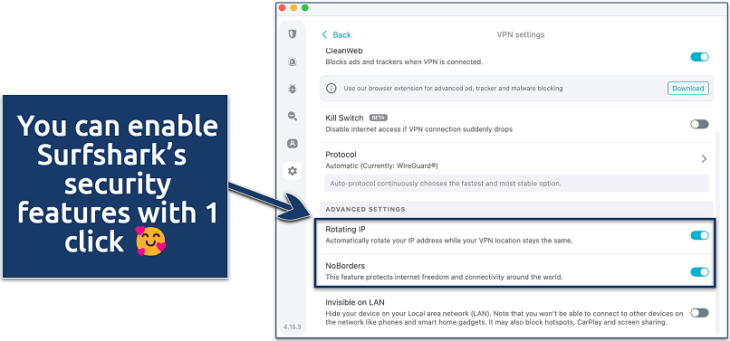 Screenshot of Surfshark's Windows app highlighting advanced security features